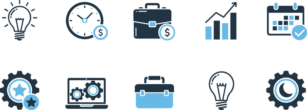 Professional business and productivity icons set featuring creative lightbulb ideas time management growth charts briefcase and technical settings gears symbols.