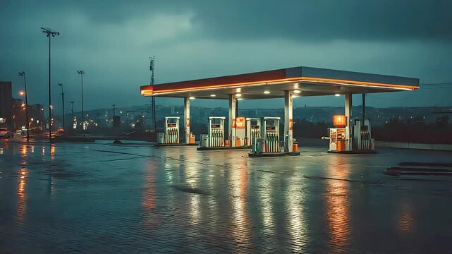 A quiet gas station under a moody sky, perfect for urban night scenes in marketing materials.