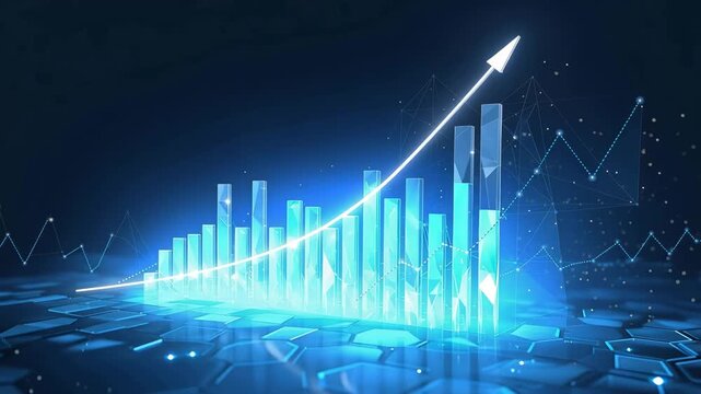 Vibrant glowing blue digital bar chart with a white upward trend line illustrates strong financial market growth and successful business progress in a
