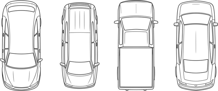 Top view set of car outlines including sedan, hatchback, pickup truck, and suv for architectural site planning, cad drawing flat vector illustration