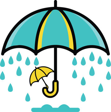 Blue Umbrella Raining from the Inside with Small Yellow Parasol