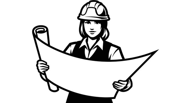 Female Engineer Holding Blueprint and Plans.
