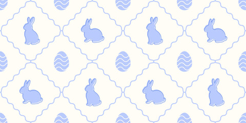 Naklejka na ściany i meble Happy Easter Seamless Pattern with Bunny and Eggs. Cute blue rhombus lace background. Gift wrapping paper for holidays. Wallpaper with simple flat rabbits. Vector illustration