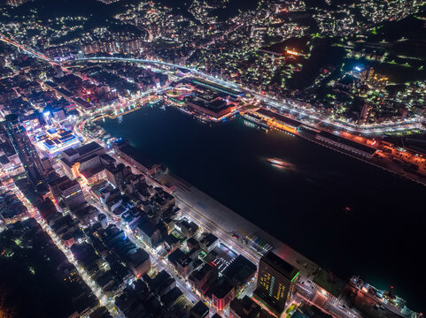 Keelung City Skyline Aerial View - Panoramic cityscape (night view), major port city situated in the northeastern part of Taiwan.