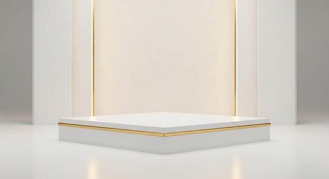 Minimalist elegant white podium with subtle golden accents and soft ambient lighting, set against a cream-colored backdrop, perfect for product display or awards.