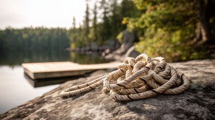 Fototapeta premium Thick, coiled rope resting on a rocky surface