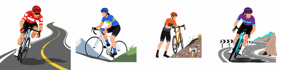 Naklejka premium Illustrative set of diverse cyclists navigating challenging roads and steep climbs, showcasing the passion and athleticism of biking.
