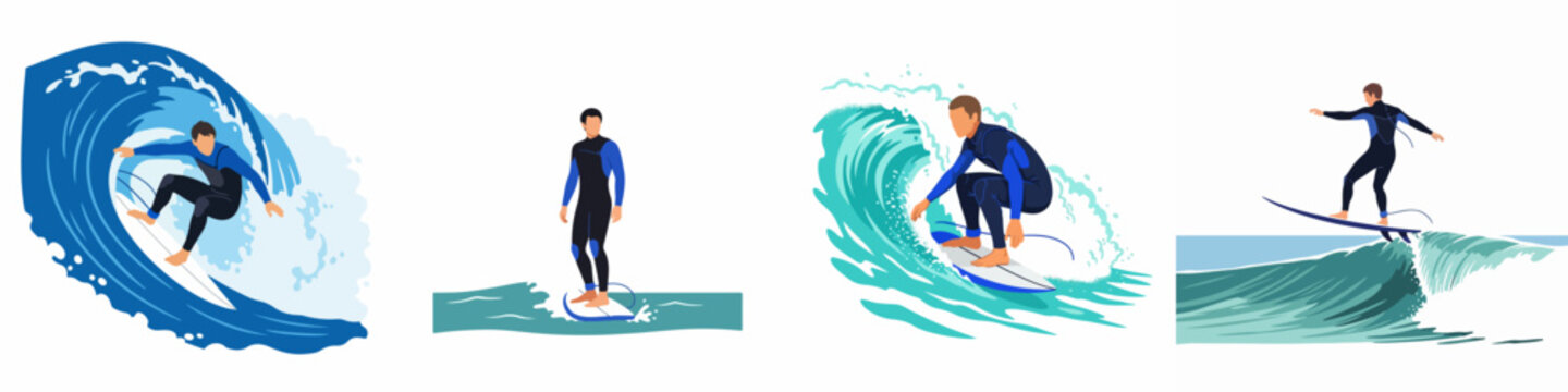Collection of surfing illustrations featuring male surfers riding waves and standing on surfboards in dynamic and static poses.