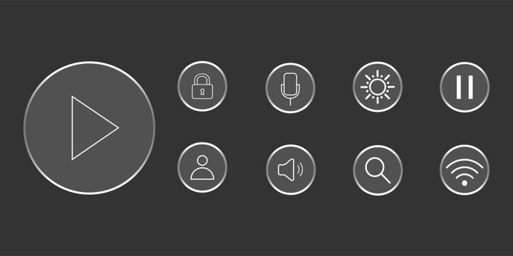 Liquid glass effect UI Design Elements for Glass button interface icon with light frame for mobile phone interface or web, vector illustration. Play, sound, mic or search