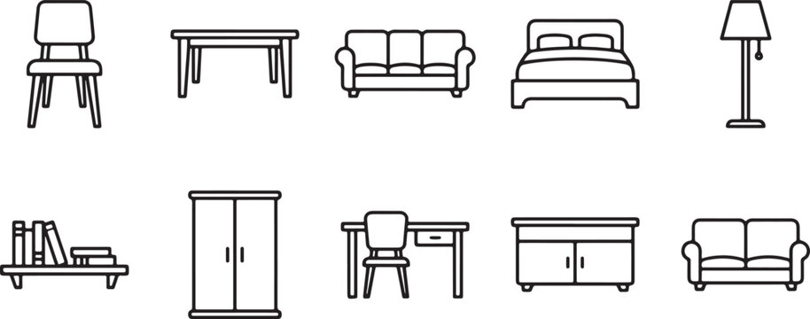 A collection of ten minimalist black and white line art icons representing various furniture items for interior design layouts Vector