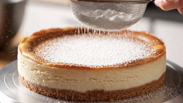Making a cheesecake with a smooth top using a fine strainer to remove excess flour