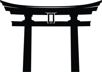 A striking black torii gate stands prominently against a white background silhouette © Jewel