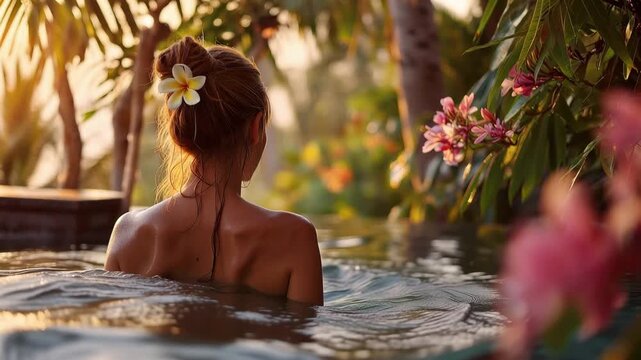 woman relax in luxury whirlpool in tropical surroundings animation