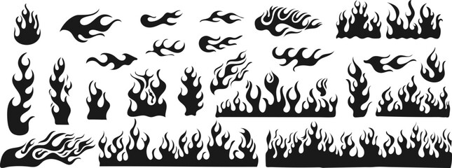 Stylized flame and fire element set with bold silhouettes and dynamic shapes. Decorative burning effects ideal for logos, posters, tattoos, stickers, hot designs, gaming graphics, branding, prints, an