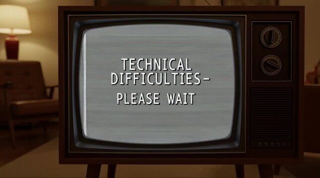 Technical difficulties screen on television screen with the text please wait