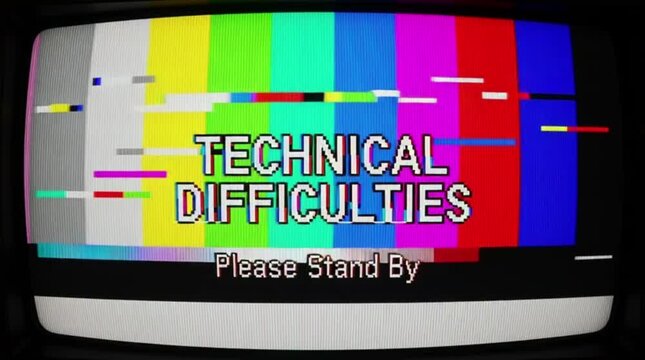 A screen with bright color bars and a glitch effect due to technical issues