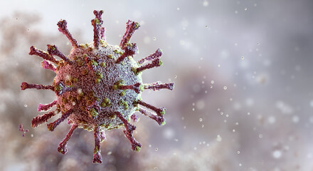 Feline coronavirus virion (FCoV): Alphacoronavirus 1 molecular structure displaying glycoprotein spikes on the lipid envelope surface. Feline enteric infection and infectious peritonitis, 3D © Corona Borealis