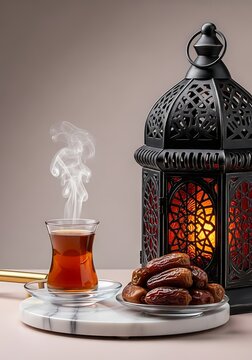 Ramadan Iftar: Steaming hot tea and dates served with a traditional lantern