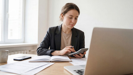 Fototapeta premium Businesswoman Calculating Budget with Laptop and Documents at Home Office