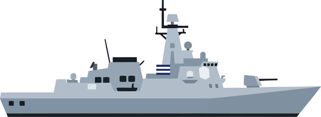 Modern Military Warship Vector Illustration – Navy Battleship Side View Isolated on White © Taslima