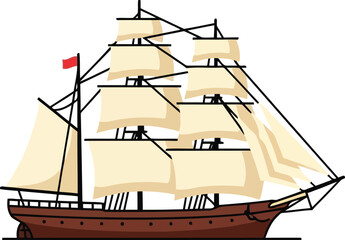 Vintage Sailing Ship Illustration – Classic Wooden Tall Ship with Sails, Nautical Vector Art © Taslima