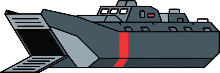 Vector Illustration of Military Landing Craft Ship with Open Ramp for Amphibious Operations © Taslima