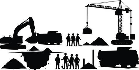 Construction equipment silhouette set with excavator crane dump truck workers and excavation pit isolated on white background industrial vector illustration © MdSakila