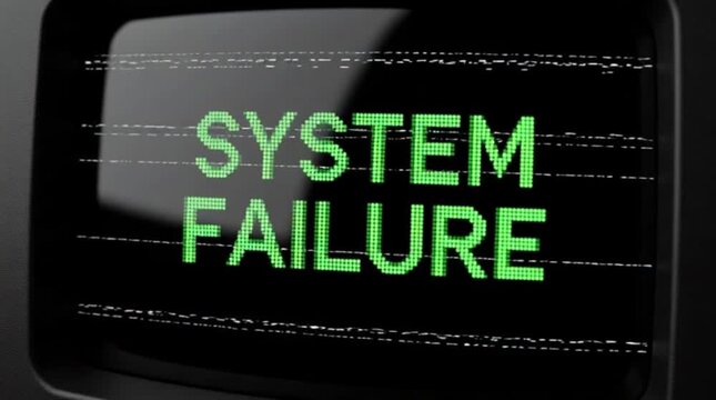 This image depicts a digital screen displaying the text 'SYSTEM FAILURE' in a glowing green font, symbolizing technical issues