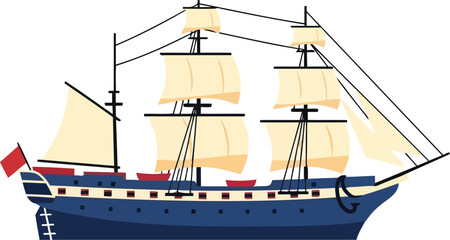 Vintage Sailing Ship Illustration with Tall Masts and Cream Sails on White Background © Taslima