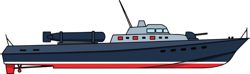 Vector Illustration of Military Patrol Boat Side View, Modern Navy Warship Isolated on White Background © Taslima