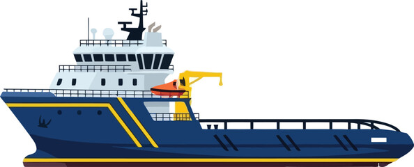 Fototapeta premium Modern Offshore Supply Vessel Illustration – Blue Industrial Ship with Crane, Side View, Isolated on White
