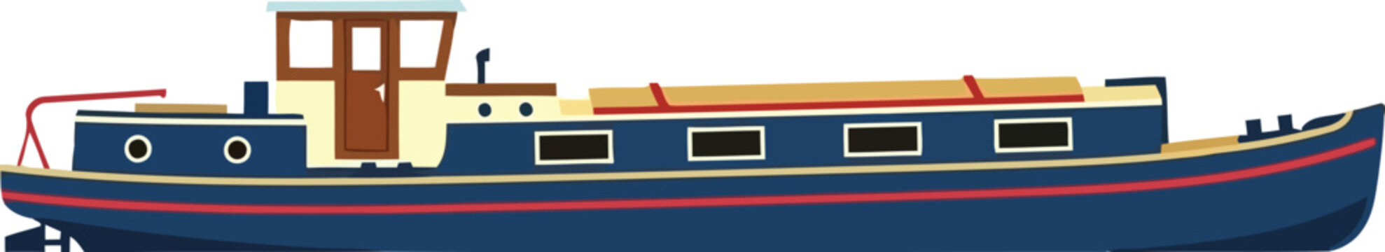 Colorful Vector Illustration of Traditional Canal Narrowboat Isolated on White Background
