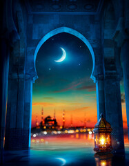 Fototapeta premium Ramadan Kareem - Arabic Lanterns Glowing In The Mosque With Abstract Defocused Lights - Eid Ul Fitr - Muslim Holy Month