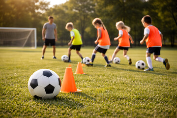 Obraz premium Kids Soccer Practice with Coach and Cones on Sunny Grass Field