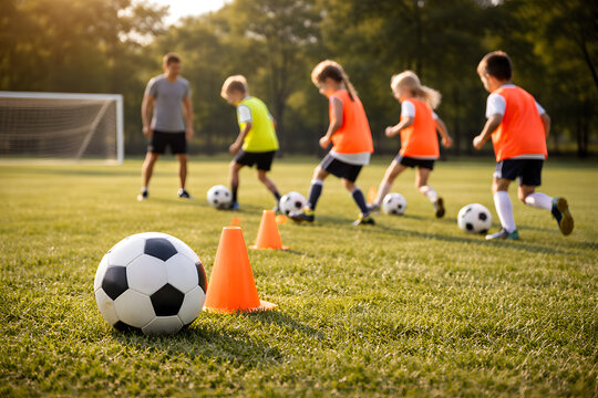 Kids Soccer Practice with Coach and Cones on Sunny Grass Field