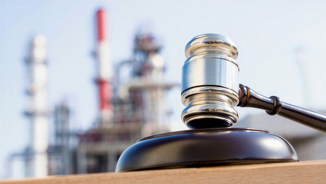 Judge gavel before oil refinery symbolizing ESG crackdown climate litigation energy transition policy carbon regulation corporate accountability and net zero compliance in heavy industry