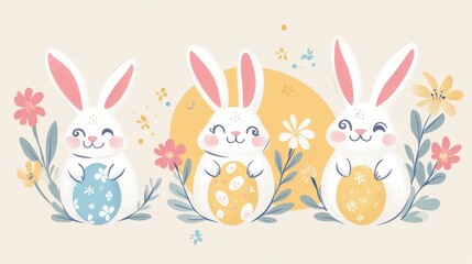 Obraz premium Cute Easter bunnies holding decorated eggs with spring flowers and pastel background, joyful holiday illustration