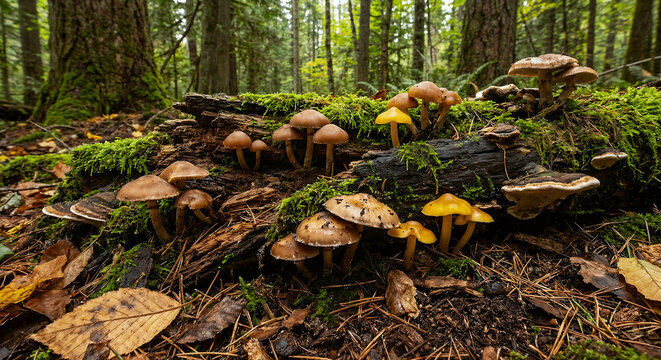 Fungi Growing on Mossy Tree Trunk