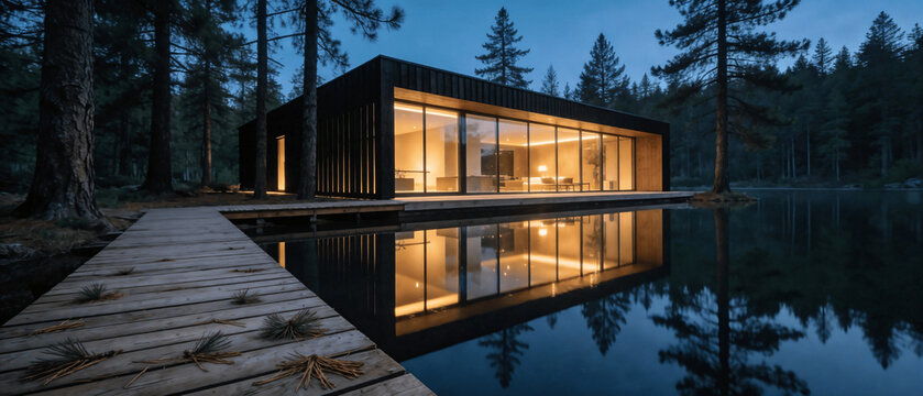 Evening Shot of a Contemporary Waterfront Home