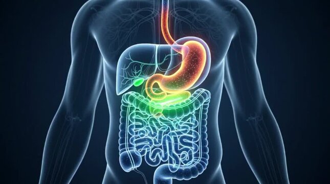 A clear body outline surrounds a colorful representation of the human digestive system.