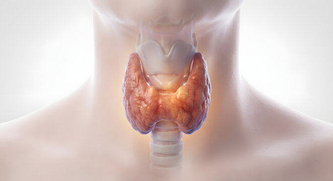 Human thyroid gland anatomical 3D illustration showing endocrine system location in the neck with larynx and trachea for medical healthcare education and disease awareness