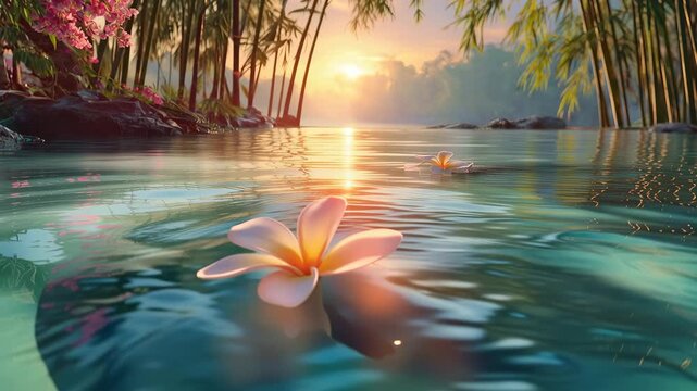 frangipani flowers float in infinity pool on tropical seascape animation