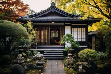 Fototapeta premium Traditional japanese house standing in a well maintained zen garden with autumn colors