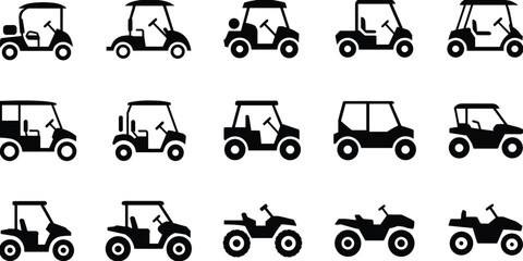 Golf cart silhouette collection featuring electric buggy and utility vehicle variations isolated on white background black vector icon set © MdSakila