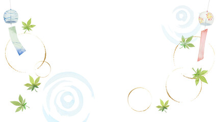 Japanese summer background with glass wind chimes (Furin), green maple leaves and water ripple circles, watercolor oriental frame for greeting card-300dpi- © URU