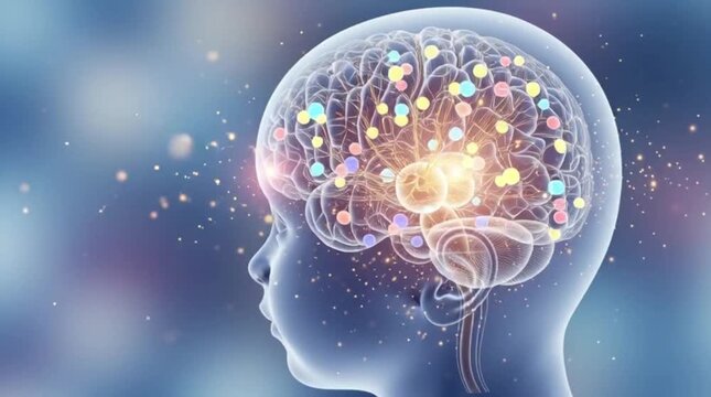 Conceptual depiction of a baby's brain development showing neural connections and glowing synapses