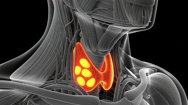 In a monochrome neck anatomy, a detailed 3D anatomical representation shows the human thyroid and parathyroid glands glowing orange