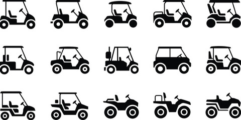 Golf cart silhouette set with electric buggy utility vehicle and mini transport variations isolated on white background black vector icons collection © MdSakila