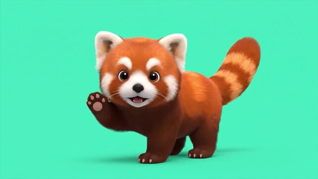 A red panda stands on its hind legs and waves its paw in a friendly gesture against a vibrant green background.
