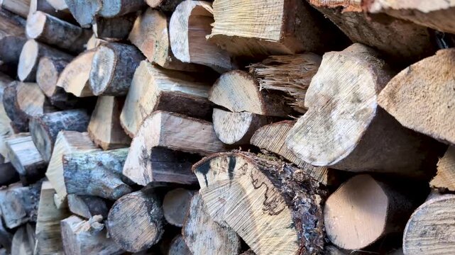 Close-up 4K footage of a stacked wood pile showcasing natural texture, rough bark, and organic patterns, perfect for rustic, nature, or background themes